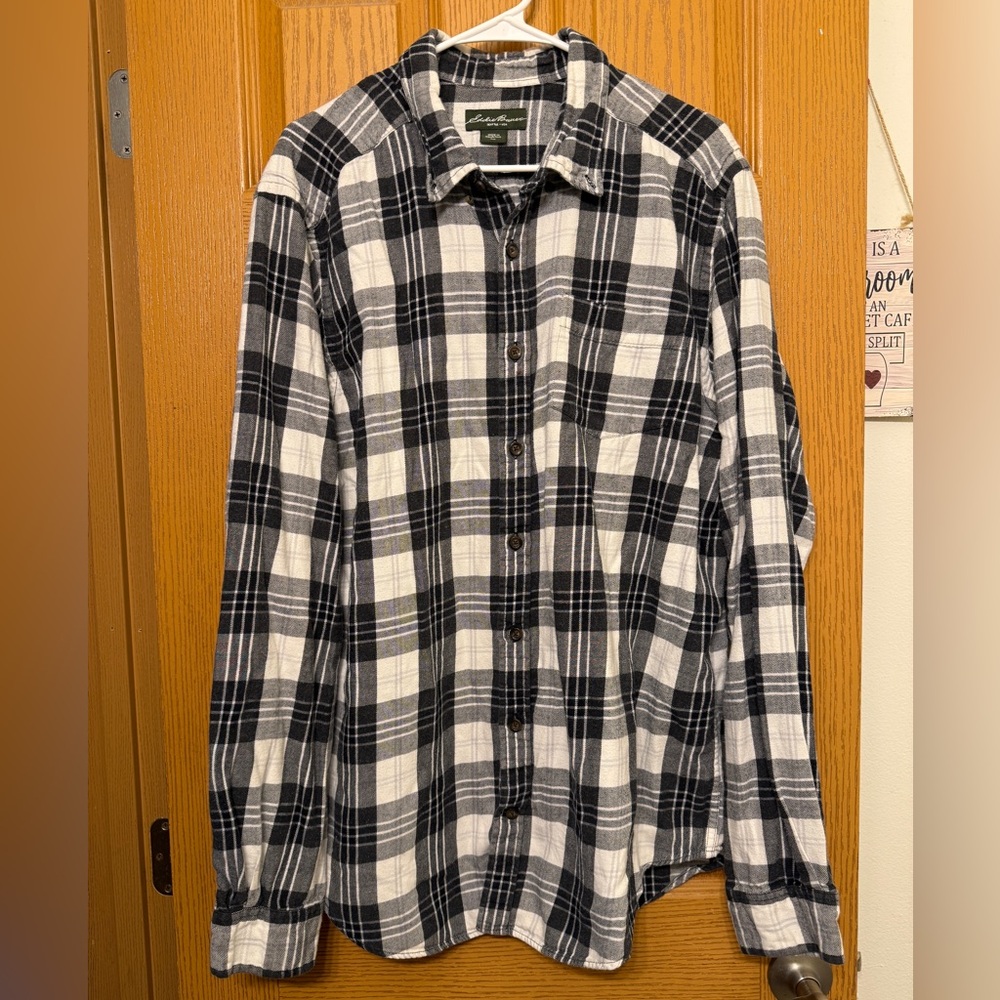 Eddie Bauer Black and White Plaid Button-Up Long Sleeve Shirt Large Tall